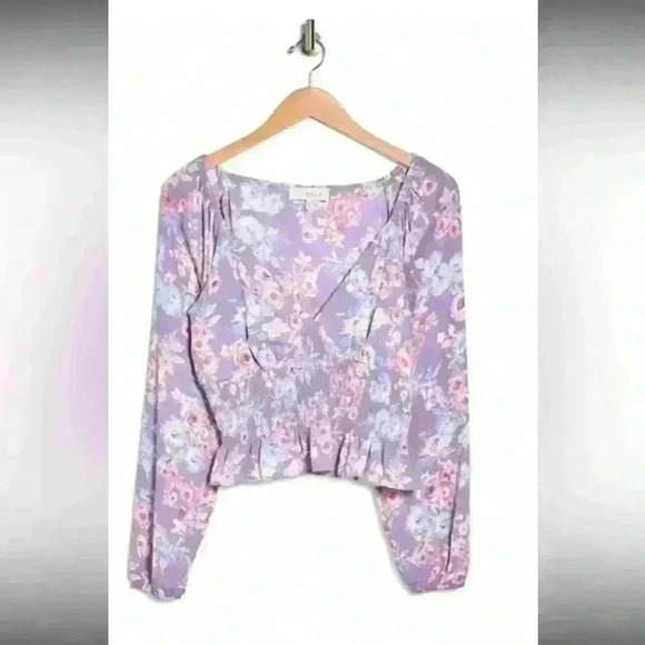 WAYF Floral Smocked Waist Top Lavender RosesDeepV-neck Long Sleeve Women's Small - Picture 1 of 8